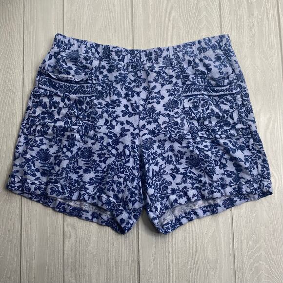 J Jill Women's Indigo Blue Floral Pull On Linen Blend Casual Shorts Size Large - Picture 1 of 9